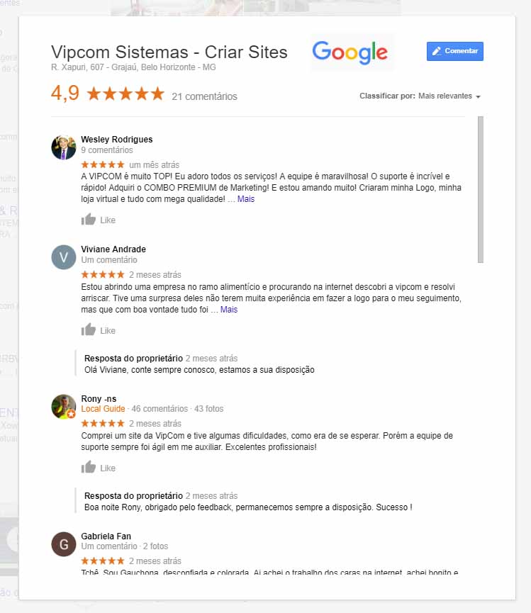 Comentários de nossos clientes no Google